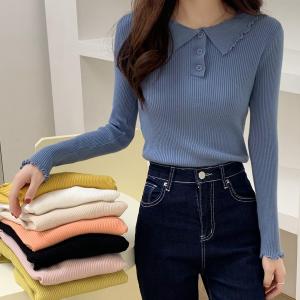 China Lapel Button Women Knit Sweater , Long Sleeve Knit Sweater supplier