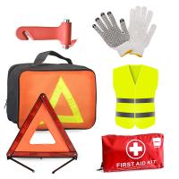 China Roadside Assistance Car Emergency Kit with PVC Dotted Cotton Gloves and Warning Vest on sale