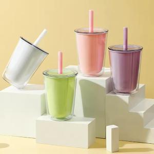 China TOUR Double Wall Portable Plastic Water Bottle With Straw Large Capacity Beverage Cup wholesale