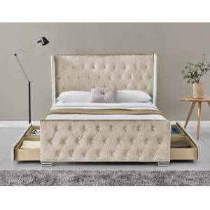 LED Fabric Queen Size Upholstered Platform Bed Frame With 4 Drawers