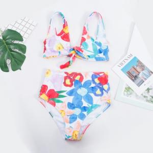 push up bathing suits Tie a Knot Two-piece  Bathing Suit Bikini With Flower Print High Waist Swimsuit
