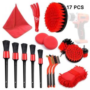 17pcs Red Drill Soft Brushes Set Car Detailing Brush For Auto Wheel Tire Washing