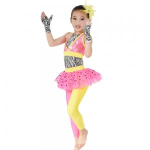 MiDee Jazz Dance Costumes Zebra Leotard Sequin Vest Multi Color Lycra Skirt-Pants For Girls