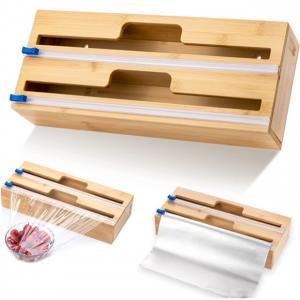 China Kitchen Drawer 2 In 1 Bamboo Plastic Wrap Dispenser With Cutter supplier