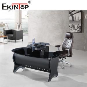 China Thickened Tempered Glass Computer Desk Round Corner Black Color Full Mirror Feel supplier