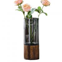China Aesthetic Wood Glass Vase Wood Base Cylindrical Blossom Vessel Bedroom Kitchen Living Room Centerpieces Office Desk on sale