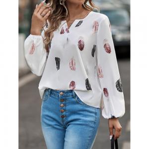 China Women'S V-Neck Feather Print T Shirt Casual Loose Fit Long Sleeve Top supplier