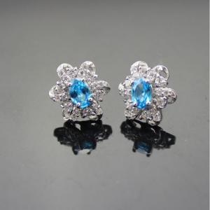 Sterling Silver Oval Blue Topaz  Clear Cubic Zircon Earrings（E01）