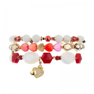 Gold Color Metal Beads Pink Heart Handmade Bracelet Set For Girl As Gift