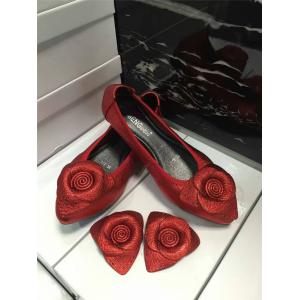 China high quality red cow hide shoes maternity shoes ladies flat shoes foldable ballet shoes rose flower dress shoes BS-16 supplier
