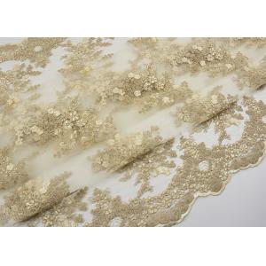 Golden Corded Floral Embroidered Tulle Fabric Scalloped Edge For Wedding Dresses