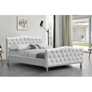 White Diamond Tufted Leather Queen Size Bed Frame Crystal Buttons BSCI