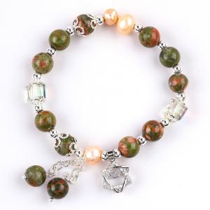 Unakite Stone And Pink Pearl With Star Charm Healing Balance Bead Bracelet For Jewelry Gift
