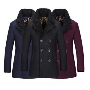 Regular Length Mens Wool Coat With Fur Collar , Mens Double Breasted Trench Coat