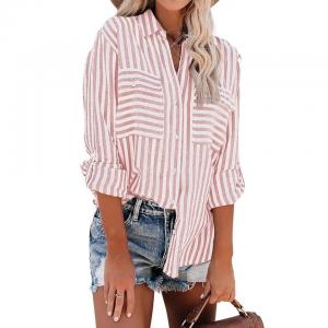                 Women Linen Cotton Vintage Streetwear Plus Size Blouses Button Birds Print Casual Striped Long Sleeve Loose Shirts             