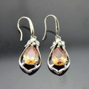 925 Silver Jewelry 8mmx10mm Pear Citrine Cubic Zircon Dangle Earrings (PSJ03222)