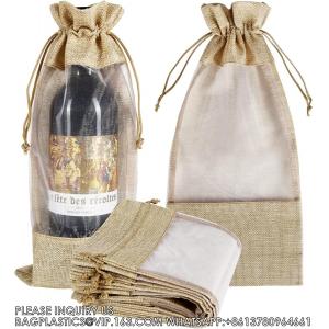 Burlap Wine Bags With Sheer Window, Hessian Cloth Bottle Gift Bags With Drawstring For Christmas Holiday Wedding Party