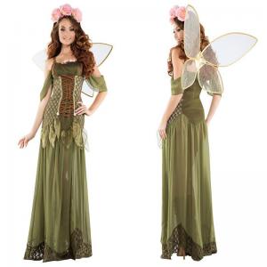 China Women's Halloween Role-Play Forest Princess Costume Green Off Shoulder Long Dress Sets Style supplier