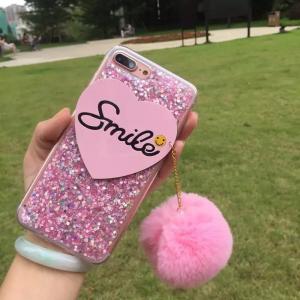 China TPU DIY Love Heart Smile Word Seto Rabbit Hairball Chain Glitter Back Cover Cell Phone Case For iPhone 7 6s Plus supplier