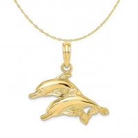 China 10K Yellow Gold Polished Engraved Dolphins Pendant Charm With 14K Yellow Gold Lightweight Rope Chain Necklace on sale