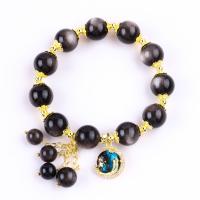 China Genuine Stone 12MM Silver Obsidian Round Star With Moon Charm Crystal Bead Bracelet on sale