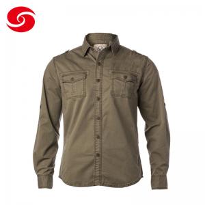 China 100% Cotton Long Sleeved Military Casual Shirts In Olive supplier