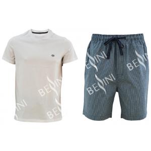 Cotton Jersey Men'S V Neck Pajamas / Mens T Shirt And Woven Shorts Pyjamas With Side Pockets