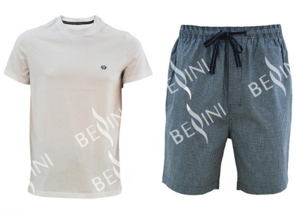 Cotton Jersey Men'S V Neck Pajamas / Mens T Shirt And Woven Shorts Pyjamas With