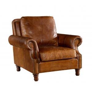 Retro Brown High Back Leather Armchair Hard Solidwood Frame American Style