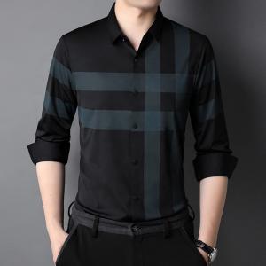Striped Polyester/Cotton Casual Black Shirt for Men Slim Fit Long Sleeve Shirts