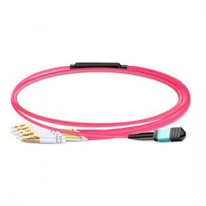 3m (10ft) MPO Female to 4 LC UPC Duplex OM4 50/125 Multimode Fiber Breakout Cable, 8 Fibers Type B, Elite, LSZH, Aqua/Vi