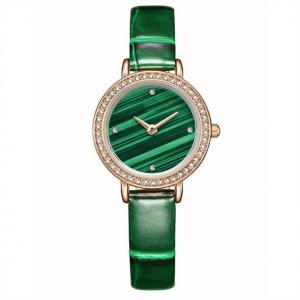 Women Bezel Genuine Diamond Quartz Watch Green Ladies Malachite