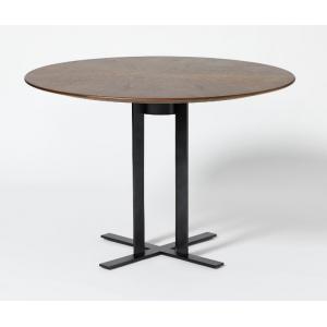 Walnut Wood Veneer Top Round Dining Room Table With Black Metal Base