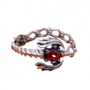 Handmade Sterling Silver Chain Link Phoenixes Synthetic Garnet Charm Women Bracelet (014902)