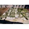 Architectural model urban block layout with mixed-use buildings, detailed green spaces and traffic planning