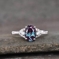 China Hot Selling 925 Sterling Silver Pave CZ Rings Oval Cut Alexandrite Stone Engagement Ring on sale