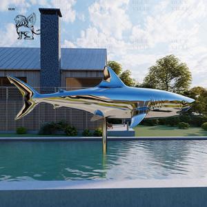 Stainless Steel Shark Sculpture Mirror Polished Fish Metal Animal Swimming Pool Sculpture Outdoor Large Modern