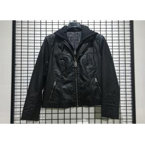 China Autumn Black Mens PU Jacket Faux Leather Biker With Detachable Knit Hood supplier