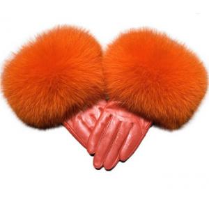 Windproof Women Mittens Gloves Genuine Sheep Skin Leather Outdoor Driving Fox Fur