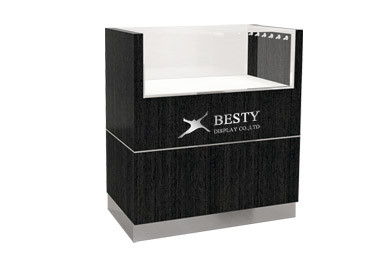 Timber veneered MDF Flat showcase featuring LED lighting and drawer open from rear