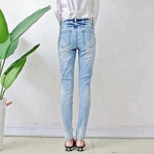 China Bulk order china cheap price branded women jeans light blue fancy design ladies skinny jeans supplier