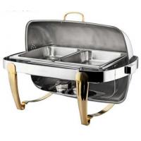 China Titanium Coating Oblong Chafing Dish Roll Top Lid Gold Legs and Handle 2-Compartment Stainless Steel Food Container on sale