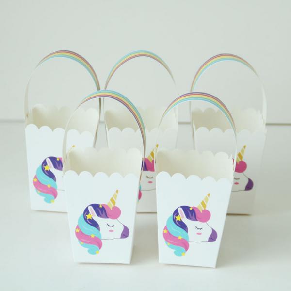 250gsm Whitecard Unicorn Flat Candy Paper Bag With Rainbow Handle