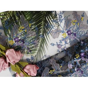Polyester Purple Tulle Floral Embroidered Mesh Fabric By The Yard