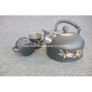 Kitchen tea set flower painting stainless steel whistling tea pot black color whistling kettle with two cups