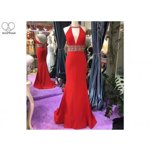 China Hanging Neck Red Mermaid Style Prom Dress Top Beading Deep V Neck Backless wholesale