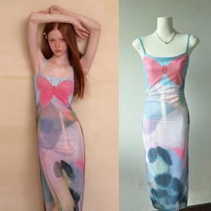 China Pink Blue Butterfly Halter Dress French Slit Slim Sexy Dress  Waist Slimming supplier