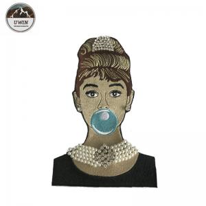 Beautiful Woman 3D Custom Woven Badges , Pearl And Rhinestone Applique For Work Blouse