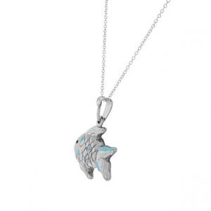 925 Sterling Silver 3D Blue White Enamel Fish Charm Pendant Necklace