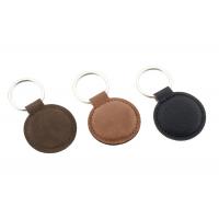 China Debossing Logo PU Personalised Leather Keychain Round Zinc Alloy Brown on sale